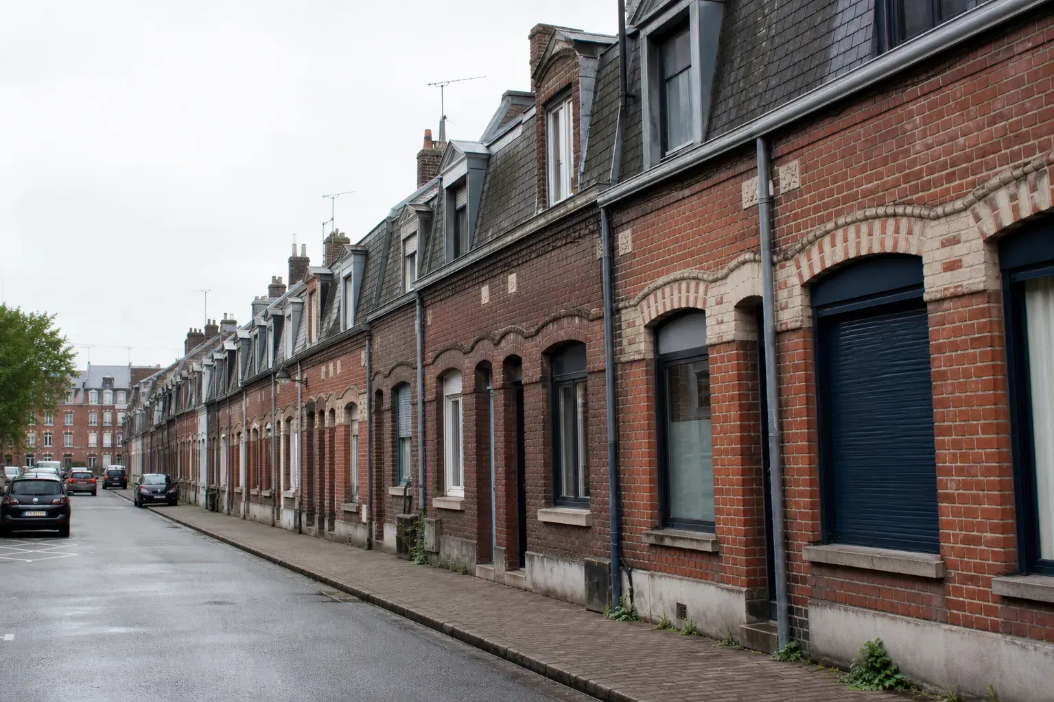 Rue résidentielle de la métropole lilloise : maisons de ville en brique rouge alignées, toitures d’ardoise, trottoir pavé
