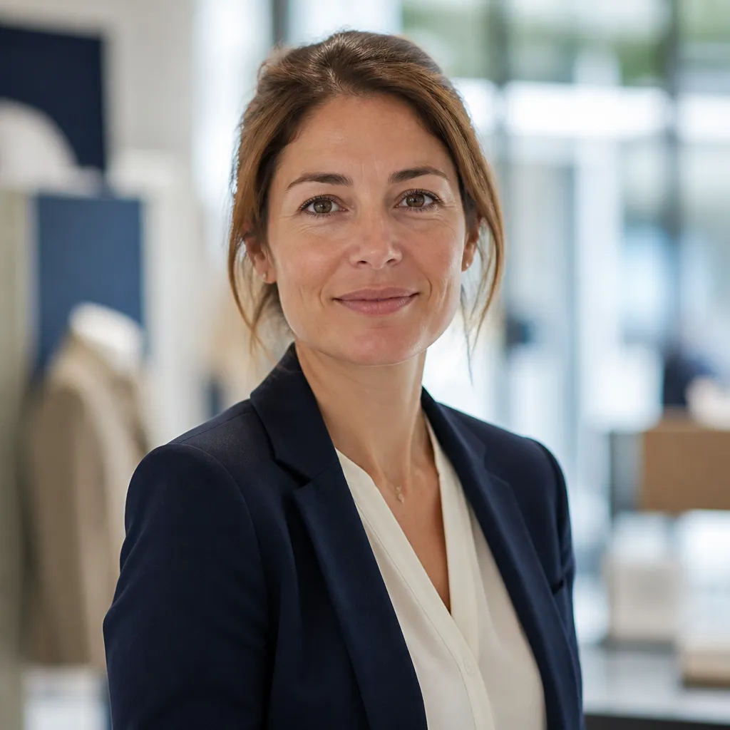 Portrait resserré de la conseillère technique de notre équipe, en tenue professionnelle, showroom flou en arrière-plan