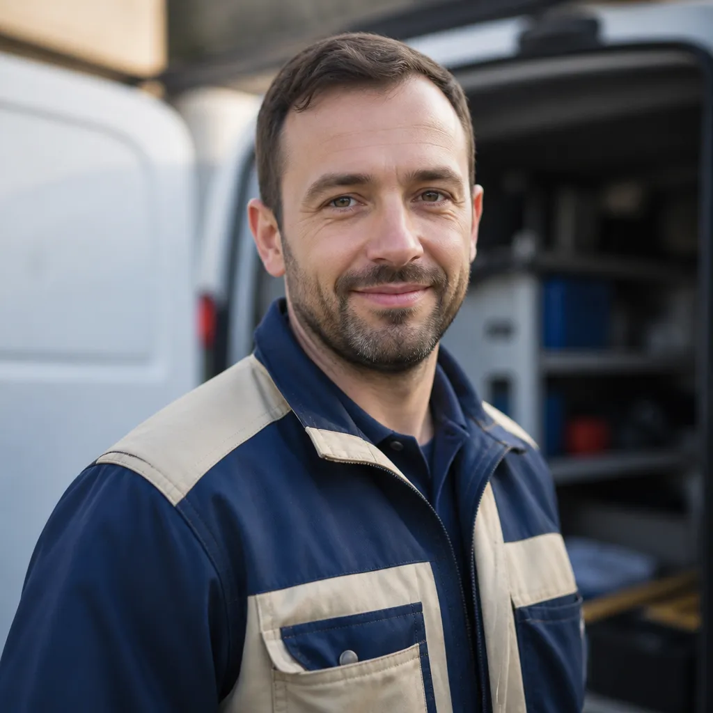 Portrait resserré du technicien poseur de notre équipe, en tenue de travail, sourire discret, fourgon utilitaire flou en arrière-plan
