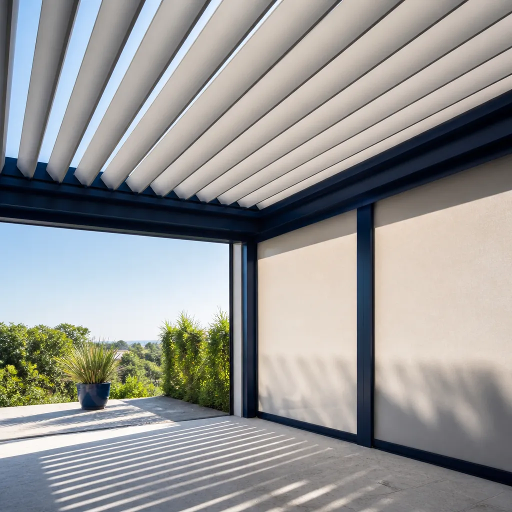 Gros plan sur les lames orientables d’une pergola bioclimatique, jeu d’ombre et de lumière