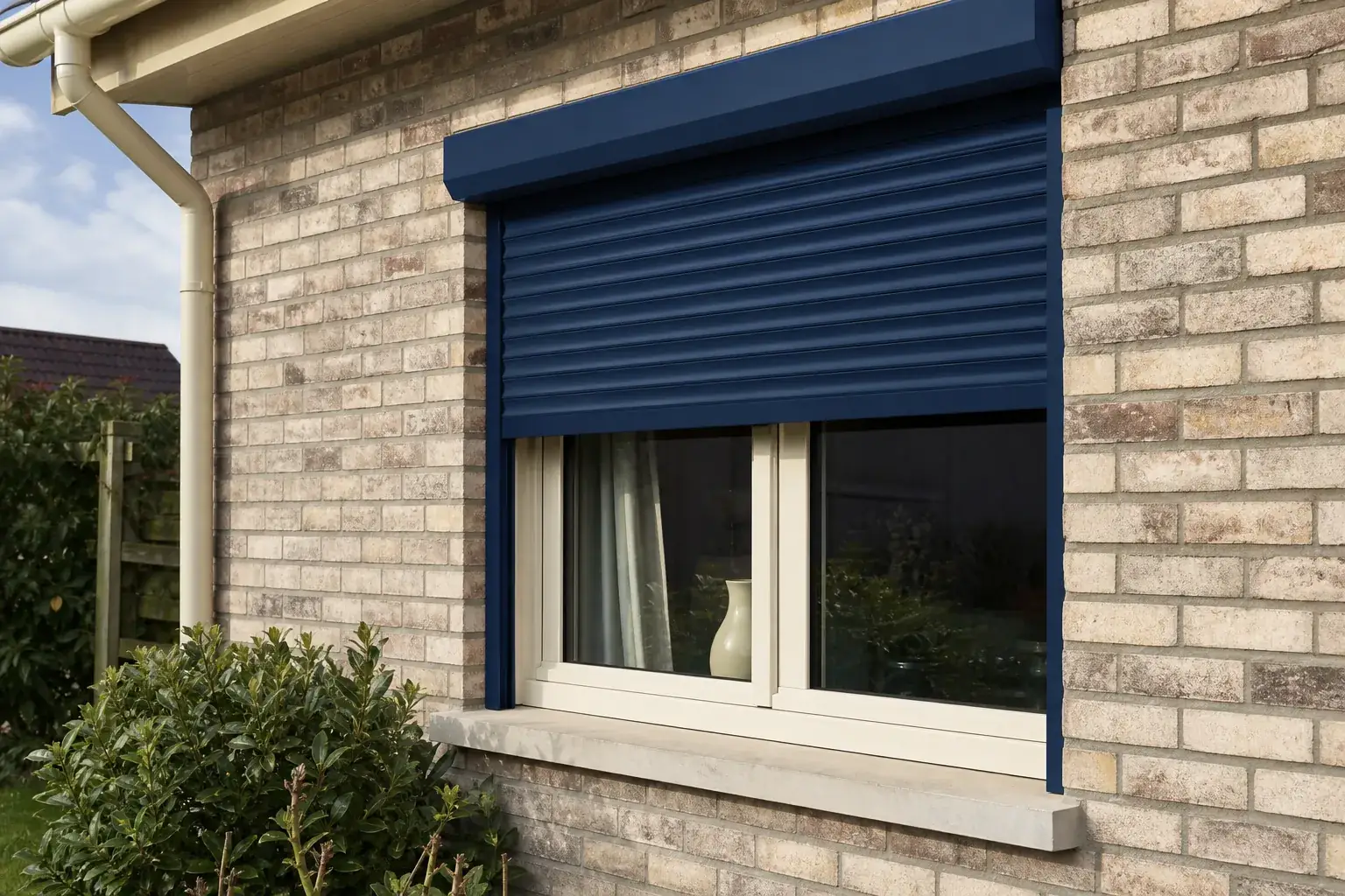 Volet roulant en aluminium à mi-course sur une fenêtre de maison en brique, vue extérieure
